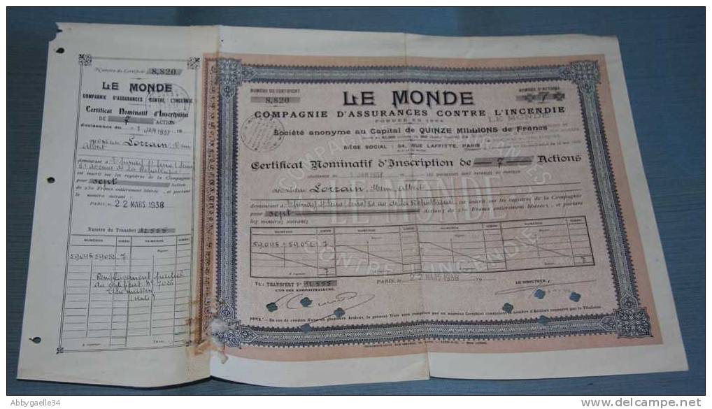 Le Monde Compagnie D’assurance Contre L’incendie, Certificat Nominatif D’inscription, Dividendes Payés, Transfert - M - O