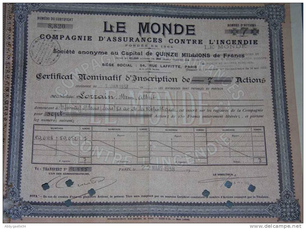 Le Monde Compagnie D’assurance Contre L’incendie, Certificat Nominatif D’inscription, Dividendes Payés, Transfert - M - O