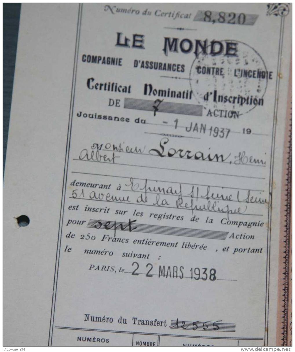 Le Monde Compagnie D’assurance Contre L’incendie, Certificat Nominatif D’inscription, Dividendes Payés, Transfert - M - O