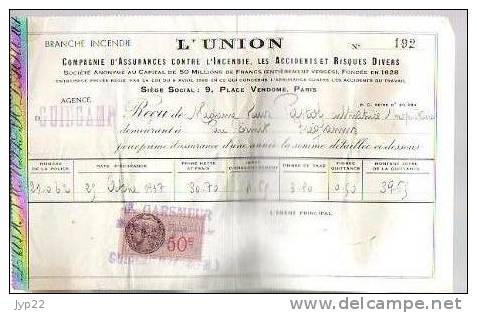 Reçu Assurance L'Union Mr Garsmeur Guingamp 22 - De Mme Vve Pastol Tréglamus - 29?-10-1937 Tp Fiscal 50c - Bank & Insurance