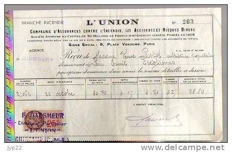 Reçu Assurance L'Union Mr Garsmeur Guingamp 22 - De Mme Vve Pastol Tréglamus - 25-10-193?? Tp Fiscal 25c - Banque & Assurance