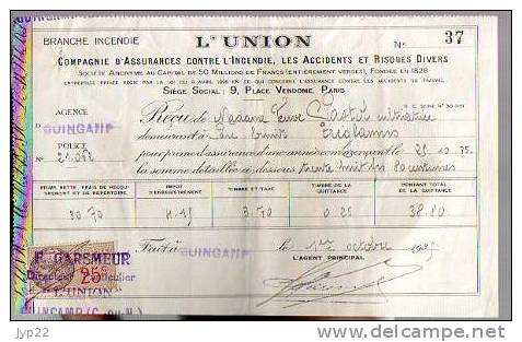 Reçu Assurance L'Union Mr Garsmeur Guingamp 22 - De Mme Vve Pastol Tréglamus - 1-10-1935 Tp Fiscal 25c - Bank & Versicherung