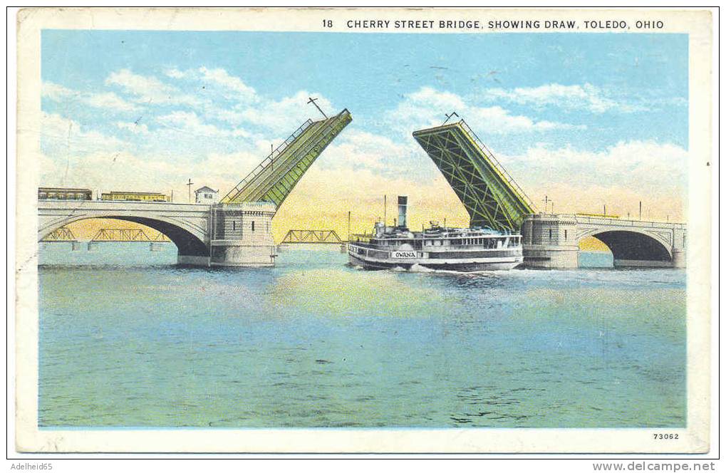 Cherry Street Bridge, Showing Draw, Steamer Owana, Toledo, OH Publ Toledo Post Card Co - Toledo