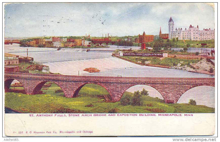 St. Anthony Falls, Stone Arch Bridge, Exposition Building Pillsbury Largest Flour Mill In The World Minneapolis Minn - Other & Unclassified