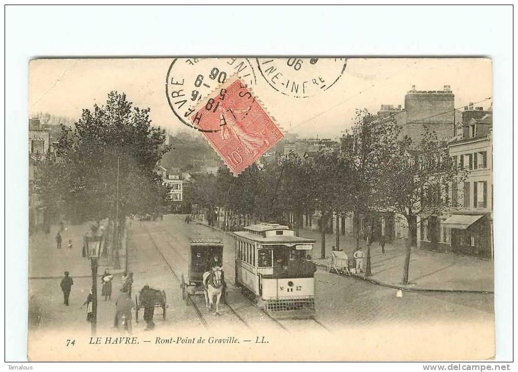76 - LE HAVRE - ROND POINT De GRAVILLE - TRAMWAY - BELLE CPA ANIMEE - Scan Recto-verso - Graville