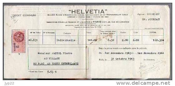 Reçu Assurance Helvétia Mr Jourdan Guingamp 22 - De Mr Pastol Tréglamus - 31-10-1943 - Tp Fiscal 2 Francs - Bank En Verzekering