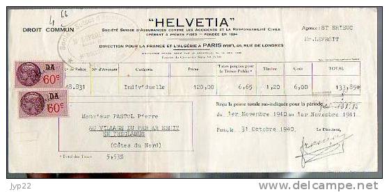 Reçu Assurance Helvétia Mr Lefroit Saint Brieuc 22 - De Mr Pastol Tréglamus - 31-10-1940 - 2Tp Fiscal Surchargé D.A. 60c - Bank & Versicherung