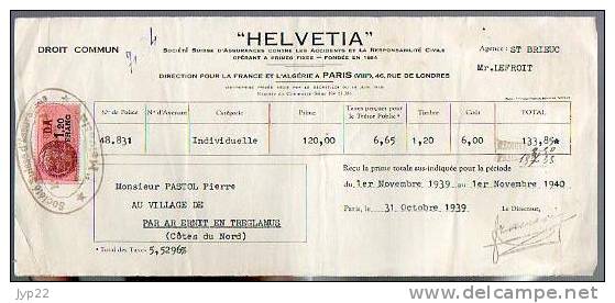 Reçu Assurance Helvétia Mr Lefroit Saint Brieuc 22 - De Mr Pastol Tréglamus - 31-10-1939 - Tp Fiscal Surchargé D.A. 1,20 - Banque & Assurance