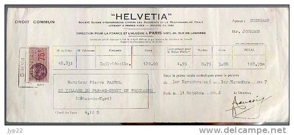 Reçu Assurance Helvétia Mr Jourdan Guingamp 22 - De Mr Pastol Tréglamus - 31-10-1936 - Tp Fiscal 75c - Bank & Versicherung