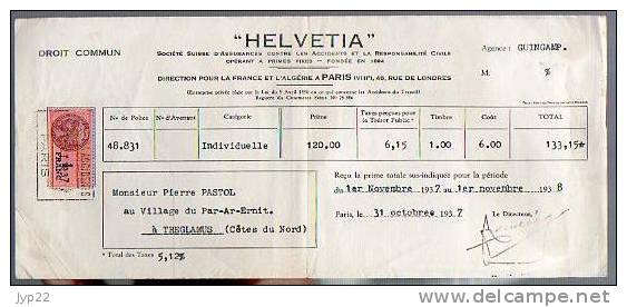 Reçu Assurance Helvétia Mr ? Guingamp 22 - De Mr Pastol Tréglamus - 31-10-1937 - Tp Fiscal 1 Franc - Bank & Versicherung