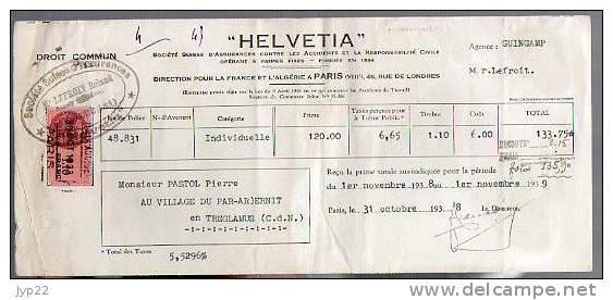 Reçu Assurance Helvétia Mr Lefroit Guingamp 22 - De Mr Pastol Tréglamus - 31-10-1938 - Tp Fiscal 1,10 Franc - Bank En Verzekering