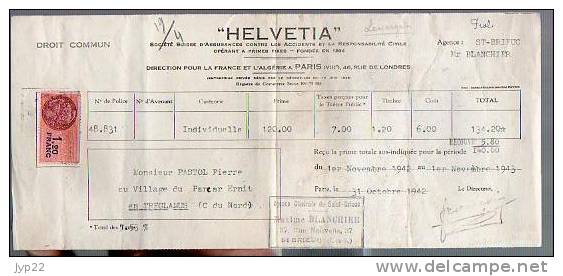 Reçu Assurance Helvétia Mr Blanchier Saint Brieuc 22 - De Mr Pastol Tréglamus - 31-10-1942 - Tp Fiscal 1,20 Franc - Bank & Versicherung