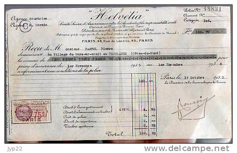Reçu Assurance Helvétia Mr Cornic Bourbriac 22 - De Mr Pastol Tréglamus - 17-10-1935 - Tp Fiscal 75c - Bank & Insurance