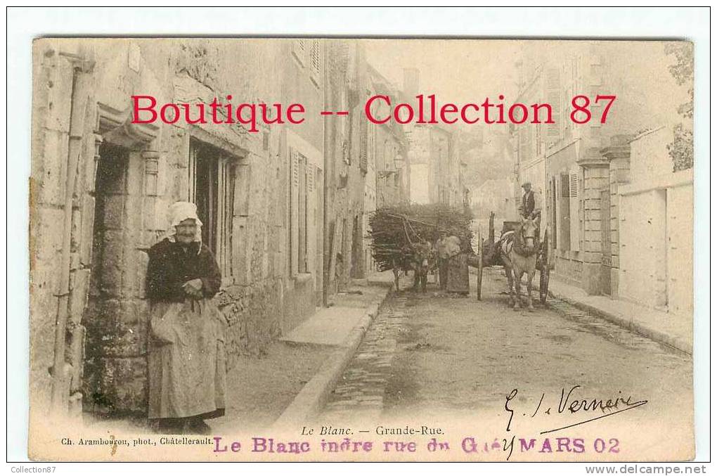 36 - LE BLANC - GRANDE RUE - VOYAGEE En 1902 - ATTELAGE De BOIS Avec Un ANE - CARTE RARE - DOS VISIBLE - Le Blanc