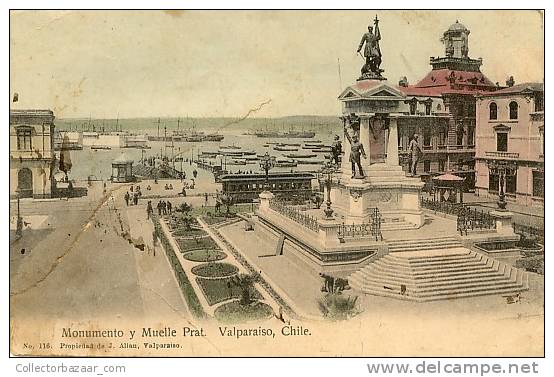 Vintage Ca1900 POSTCARD CHILE SCULPTURE HARBOUR SHIP Valparaíso Monumento Y Muelle Prat N116 - Chile