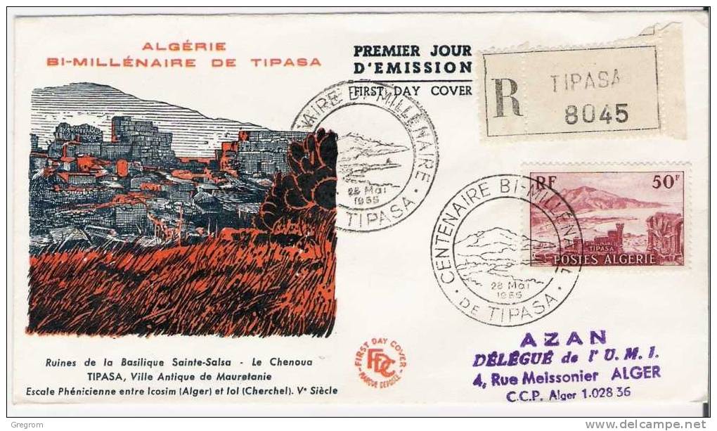 ALGERIE , FDC Enveloppe 1er Jour  : Yt 327, Obl Alger 28/05/1955 , Bi-millénaire De TIPASA - FDC