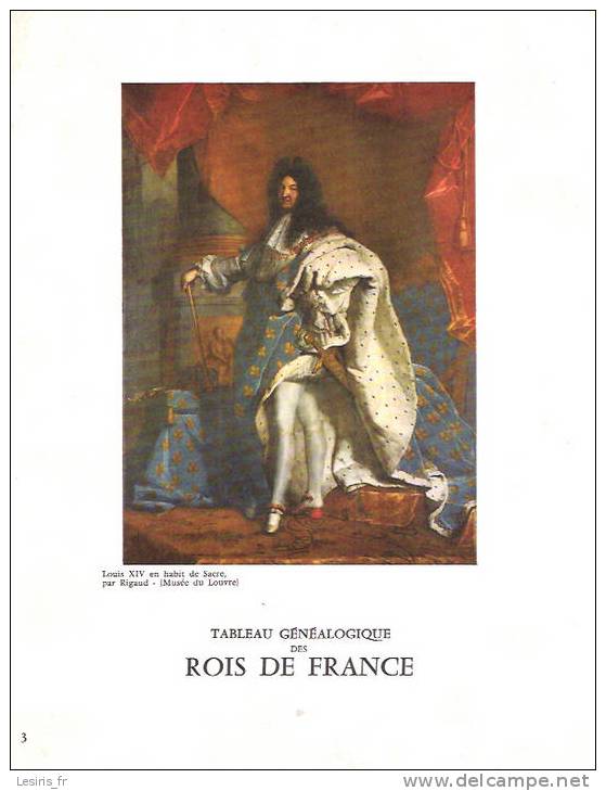 DEPLIANT - TABLEAU GENEALOGIQUE DES ROIS DE FRANCE - BOURBONS - GRAND FORMAT - LOUIS XIV - EN HABIT DE SACRE PAR RIGAUD - Verzamelingen