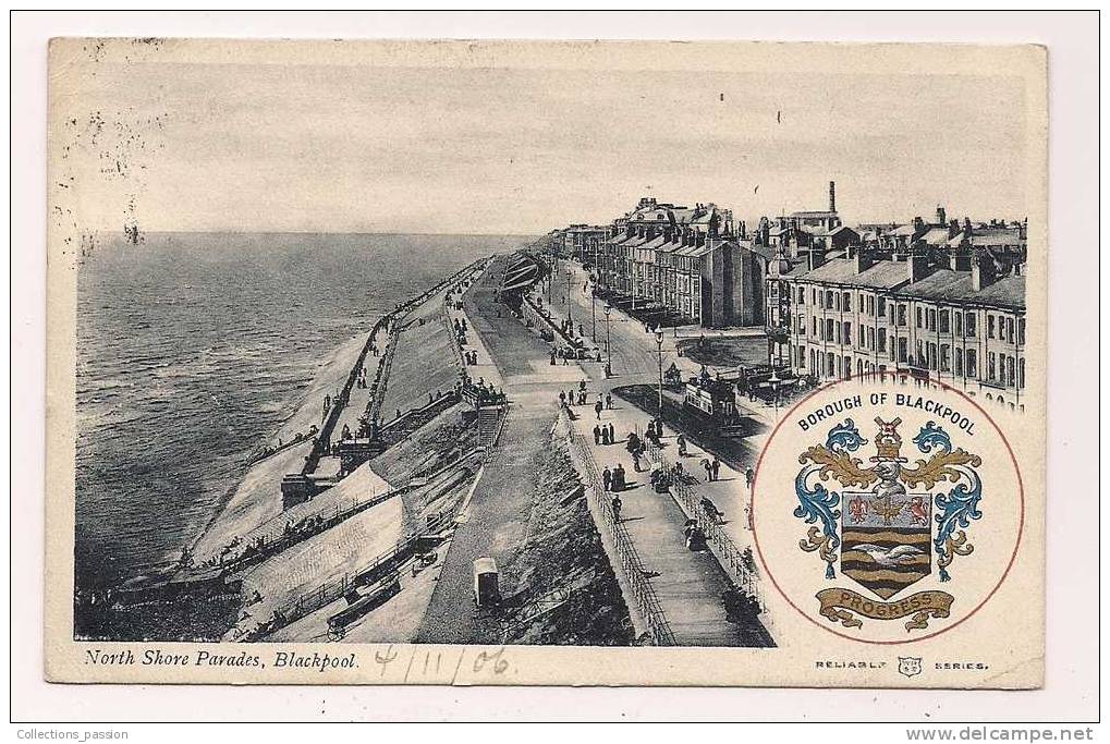 Cp , Angleterre , North Shore Parades , BLACKPOOL , Blason , Voyagée 1906 - Blackpool