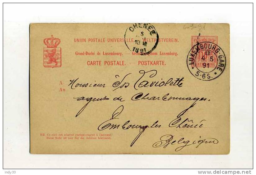 - LUXEMBOURG . ENTIER SUR CP DE 1891  POUR LA BELGIQUE . - Stamped Stationery