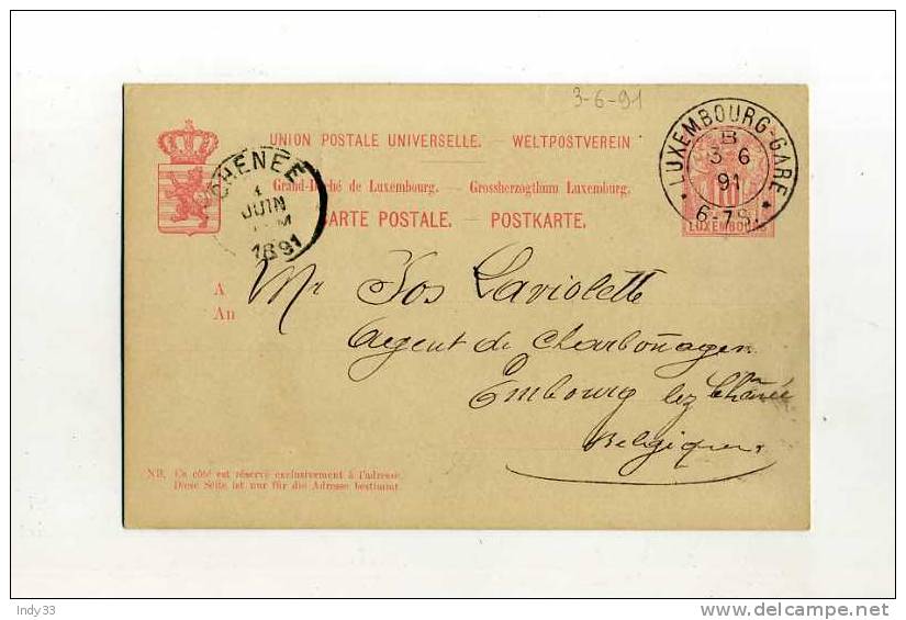 - LUXEMBOURG . ENTIER POSTAL SUR CP DE 1891  POUR LA BELGIQUE . - Postwaardestukken