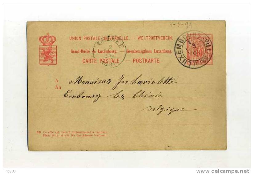 - LUXEMBOURG . ENTIER SUR CP DE 1891  POUR LA BELGIQUE . - Stamped Stationery