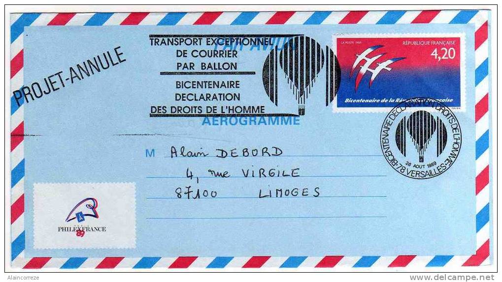 Aérogramme Avec Cachet Commémoratif Bicentenaire Des Droits De L'homme Versailles. Transport De Courrier Par Ballon - Aerogrammi