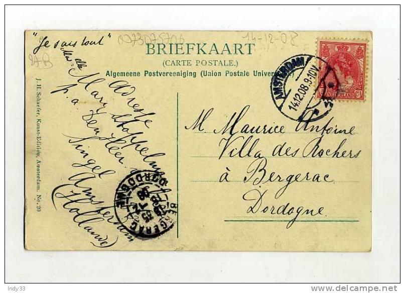 - PAYS BAS 1891/1909 . AFFRANCHISSEMENT SIMPLE SUR CP DE 1908 POUR LA FRANCE . - Storia Postale