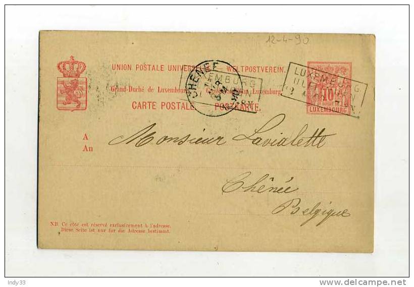 - LUXEMBOURG . ENTIER SUR CP DE 1890  POUR LA BELGIQUE . - Stamped Stationery