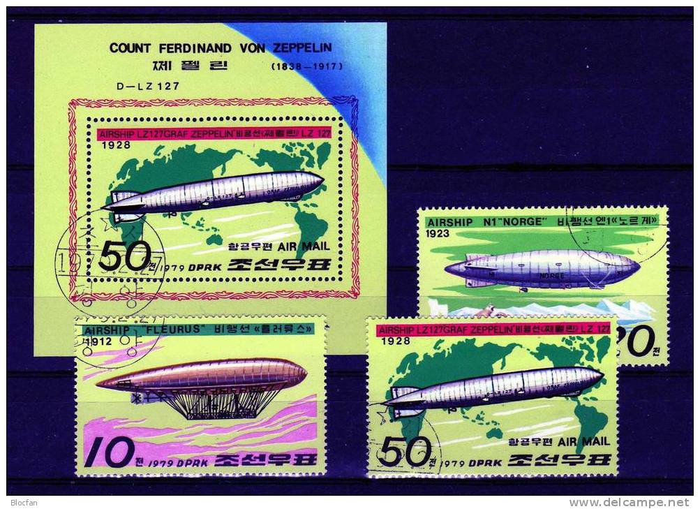 Zeppelin-Karte 3 + Luftschiffe Fleurus, N1 Norge, LZ127 Korea 1816/8+ Block 55 O 4€ - Zeppelins