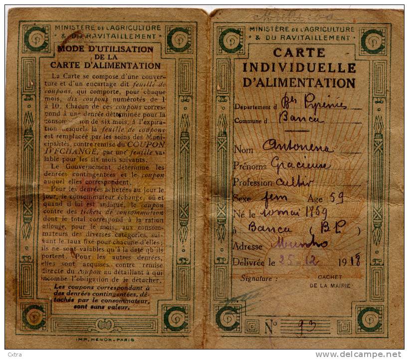 CARTE INDIVIDUELLE D'ALIMENTATION 1918 - Documents Historiques