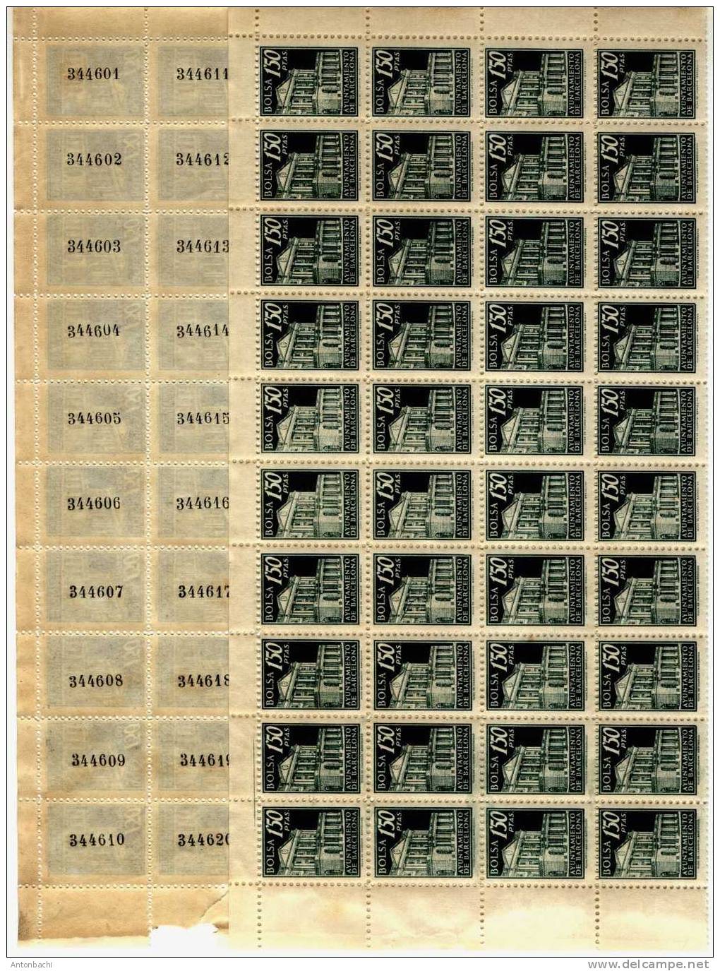 ESPAÑA / ESPAGNE / SPAIN/ SPANIEN - 1942 -FISCALES- 3 PLIEGOS DE 100 SELLOS - POLIZAS DE BOLSA  AYUNTAMIENTO BARCELONA - Fiscali