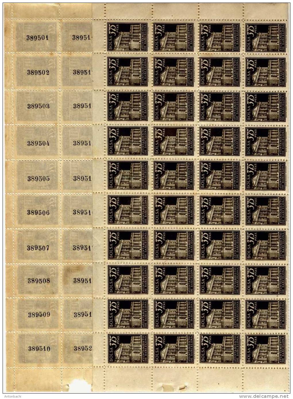 ESPAÑA / ESPAGNE / SPAIN/ SPANIEN - 1942 -FISCALES- 3 PLIEGOS DE 100 SELLOS - POLIZAS DE BOLSA  AYUNTAMIENTO BARCELONA - Revenue Stamps