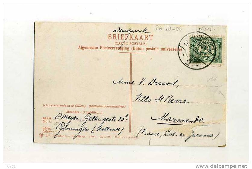 - PAYS BAS 1891/1948 . AFFRANCHISSEMENT SIMPLE SUR CP DE 1906  POUR LA FRANCE . - Lettres & Documents