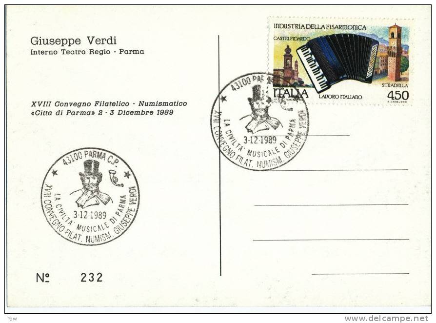 ITALIA 1989  GIUSEPPE VERDI. INTERNO TEATRO REGIO DI PARMA. CIVILTA´ MUSICALE DI PARMA. ANNULLO SPECIALE. N. 232 - Musique Et Musiciens