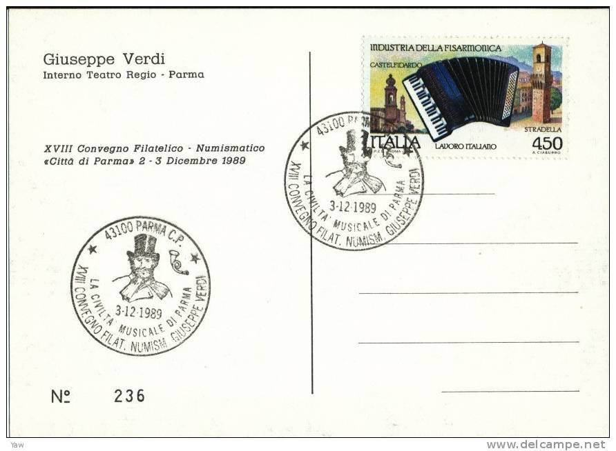 ITALIA 1989  GIUSEPPE VERDI. INTERNO TEATRO REGIO DI PARMA. CIVILTA´ MUSICALE DI PARMA. ANNULLO SPECIALE. N. 236 - Muziek En Musicus