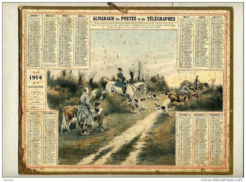 CALENDRIER - ALMANACH DES POSTES ET DES TELEGRAPHES 1914 - CHASSE A COURRE - CHIEN - CARTE Du MAINE Et LOIRE Au Dos - Grand Format : 1901-20