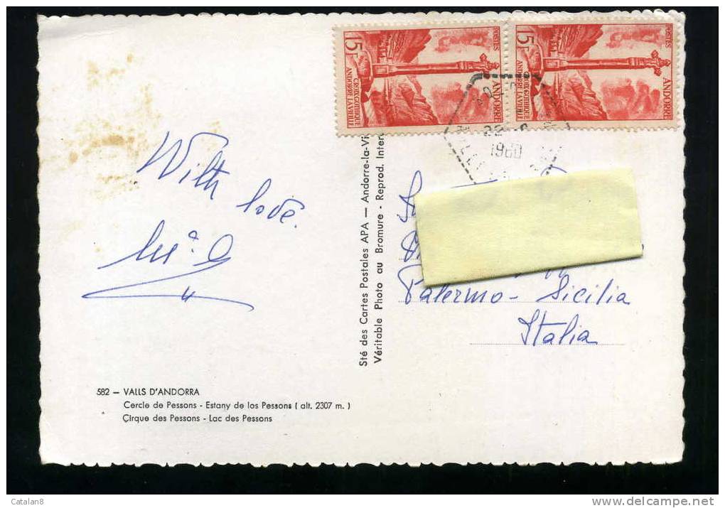 S416 ANDORRA CARTOLINA VIAGGIATA 1960 X ITALIA COPPIA FRANCOBOLLO F.15 ISOLATA - Gebruikt