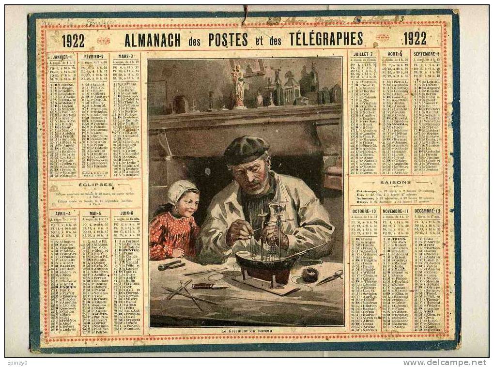 CALENDRIER - ALMANACH DES POSTES ET DES TELEGRAPHES 1922 - CONSTRUCTION MAQUETTE - BATEAU - MARIN BRETON - Grossformat : 1921-40
