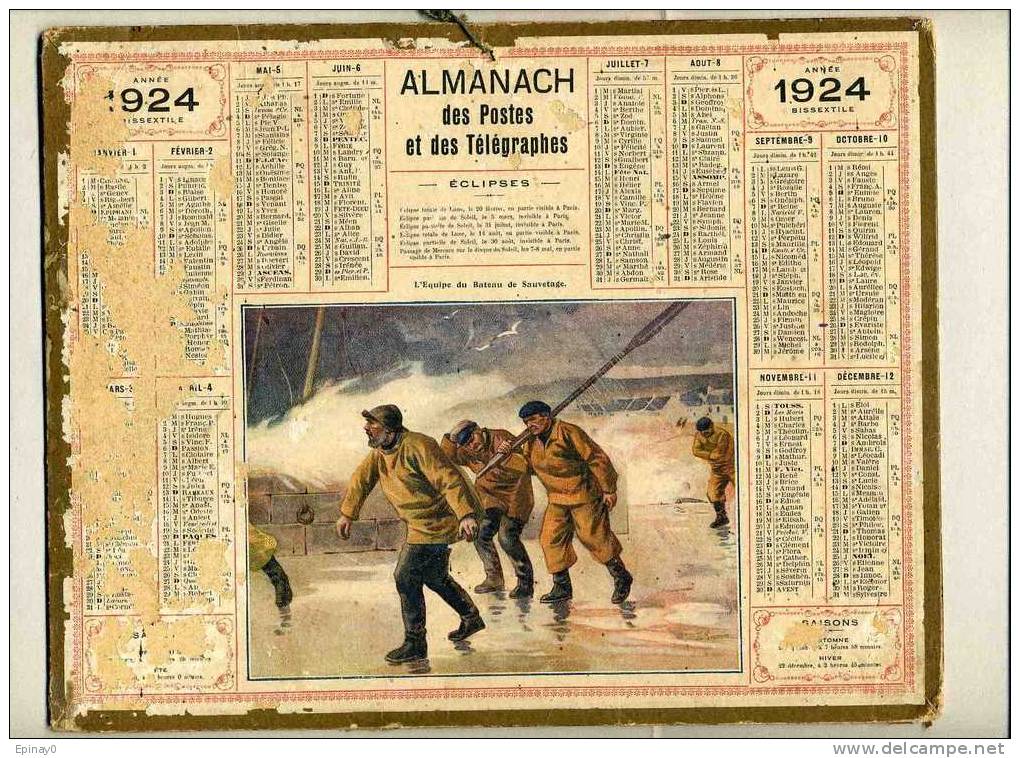 CALENDRIER - ALMANACH DES POSTES ET DES TELEGRAPHES 1924 - BATEAU De SAUVETAGE - MARIN - Groot Formaat: 1921-40