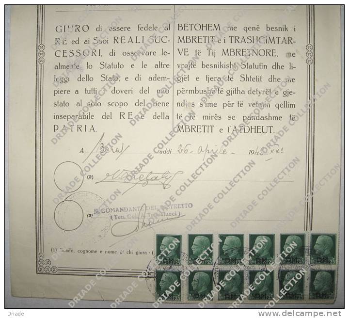 DOCUMENTO ATTO DI GIURAMENTO CON  FRANCOBOLLI P.M. PER USO FISCALE CENTESIMI 25 FISCALI VITTORIO EMANUELE III FISCALI - Revenue Stamps