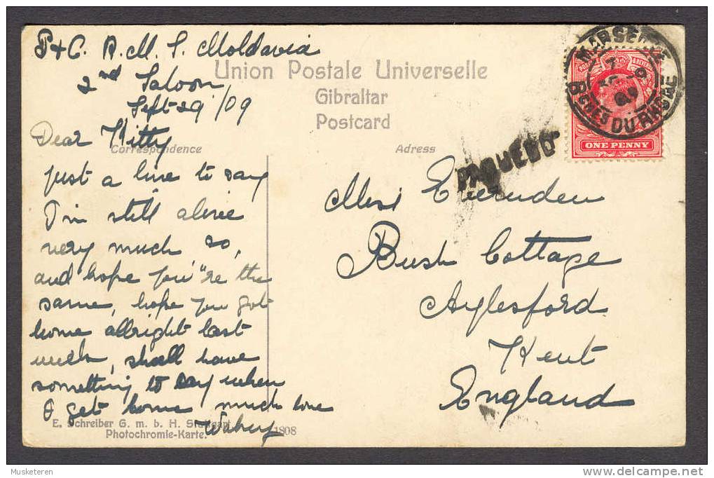 Gibraltar PPC Ship Mail Schiffspost Paquebot MARSEILLE Bches Du Rhone 1909 R.M.S. Moldovia 2nd Salon GB Stamp Edward VII - Lettres & Documents