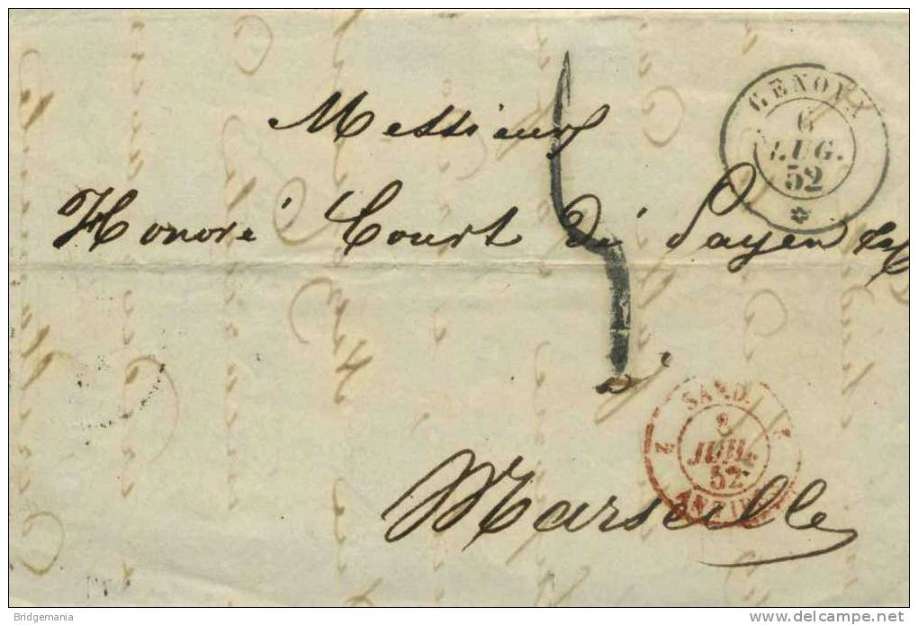 AC053 RAPPORTI POSTALI SARDEGNA FRANCIA 1852 Genova-Marsiglia Via Di Terra In Porto Assegnato - Sardegna