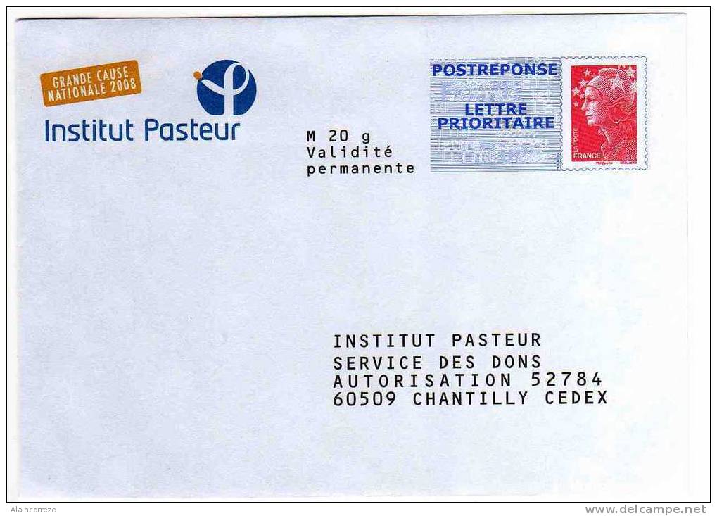 Entier Postal PAP Réponse POSTREPONSE Oise Chantilly Institut Pasteur Autorisation 52784 N° Au Dos: 08P603 - PAP: Antwort/Beaujard