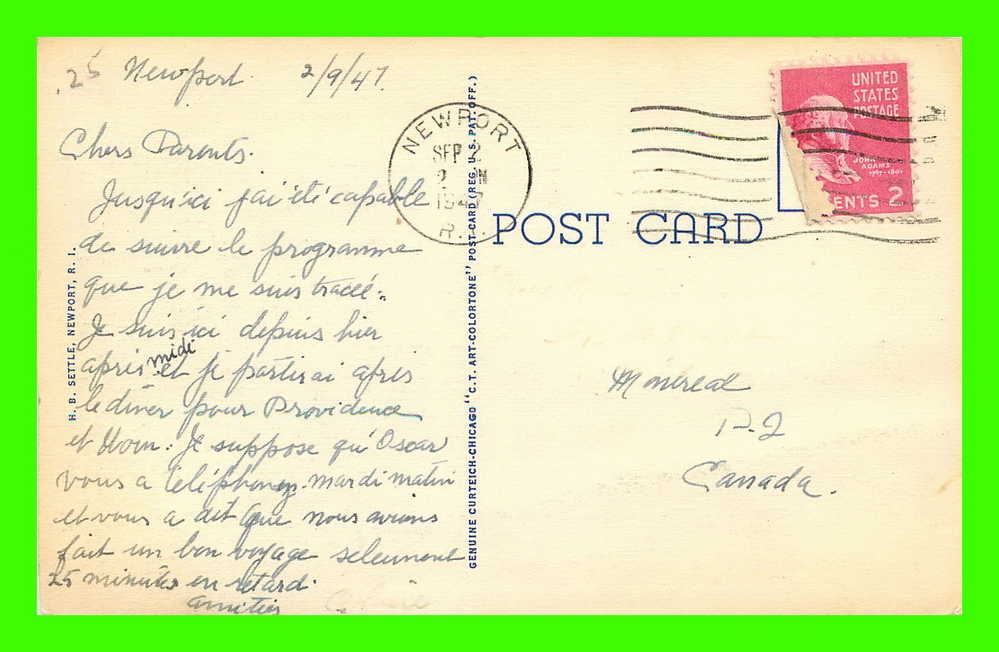 NEWPORT, RI - THE BLUE GARDENS, ARTHUS CURTIS JAMES ESTATE - H.B. SETTLE - CARD TRAVEL IN 1947 - - Newport