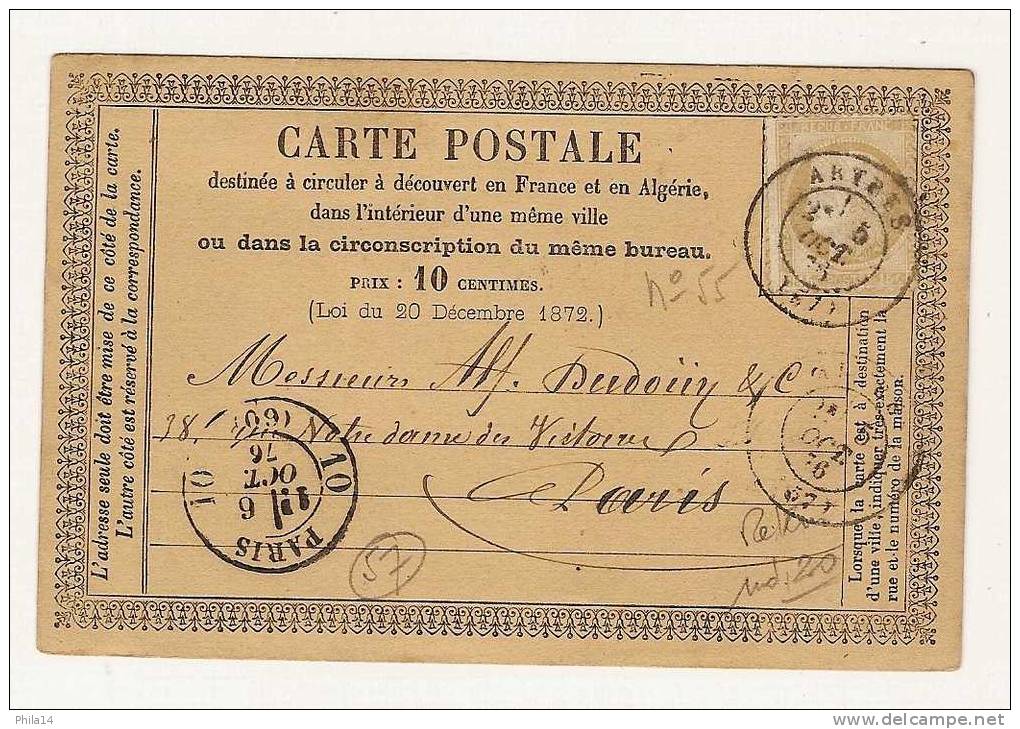 N° 55 15 C CERES BISTRE SUR CARTE POSTALE / ARTRES / NORD / 1876     RARE ........ - 1849-1876: Période Classique