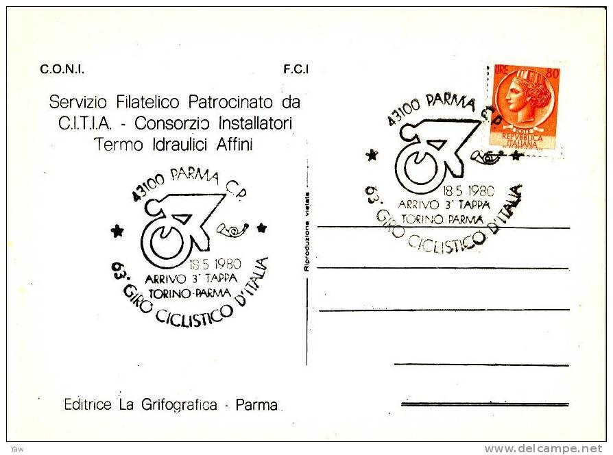 ITALIA 1980  CP COMMEMORATIVA 63° GIRO CICLISTICO D´ITALIA, 3^ TAPPA TO - PR. ANNULLO SPECIALE PARMA - Ciclismo