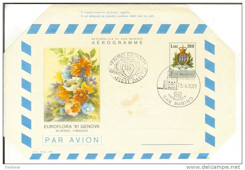 San Marino 1981 (Aerogramma): Euroflora - Genova. FDC - Entiers Postaux