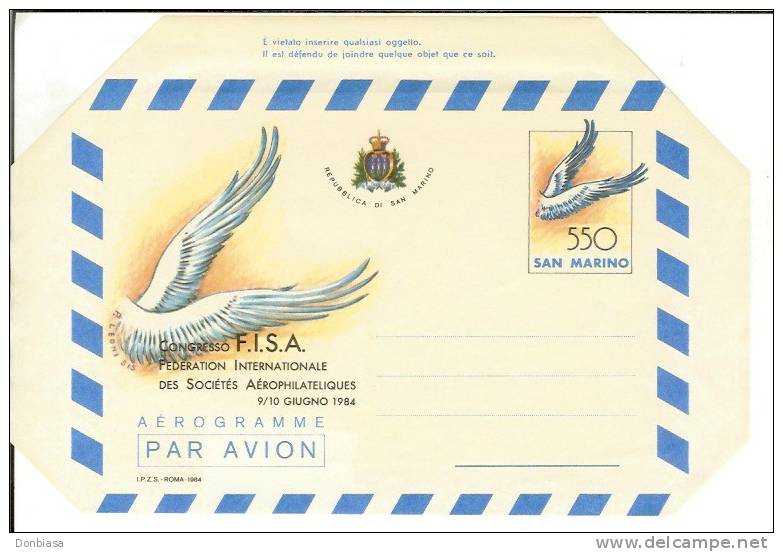 San Marino 1984 (Aerogramma): F.I.S.A. - Congresso Aerofilia (NUOVO) - Entiers Postaux