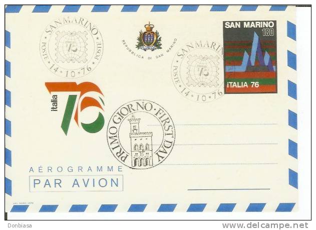 San Marino 1976 (Aerogramma): Italia ´76 - Esposizione Mondiale Di Filatelia Milano (FDC) - Entiers Postaux