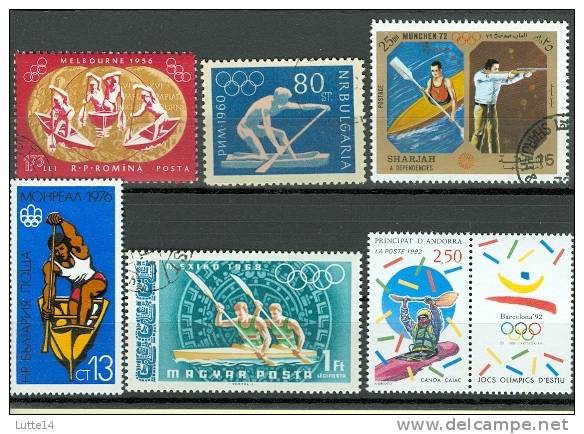 6  Timbres CANOE (lot N°07): Roumanie - Bulgarie - Sharjah - Hongrie - Andorre- JO - Canoë